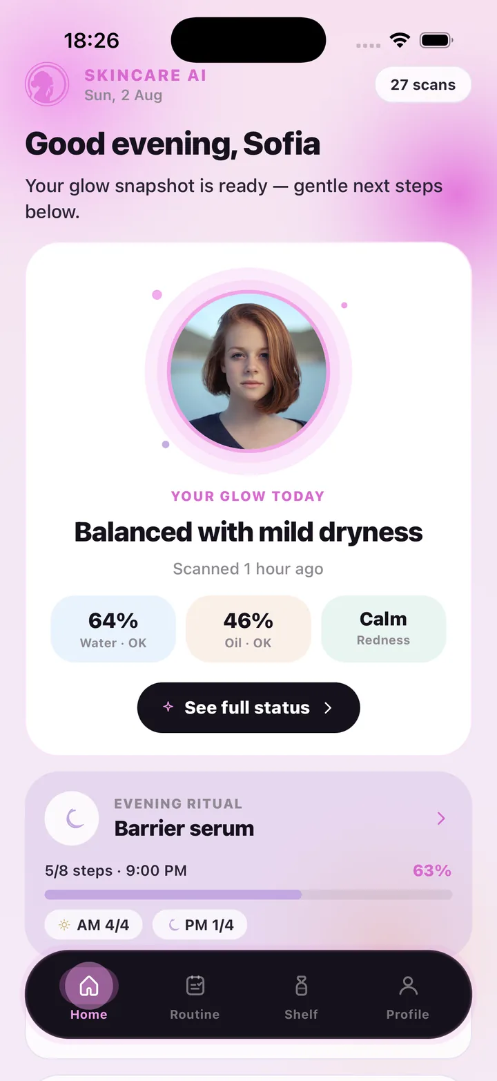 SkinCare AI home screen showing today's glow snapshot: Balanced with mild dryness, Water 64%, Oil 46%, Redness Calm, and the evening ritual progress 5 of 8 steps