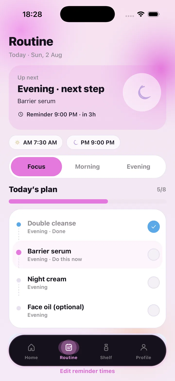 SkinCare AI Routine screen with the evening next step, AM 7:30 and PM 9:00 reminder times and today's plan checklist 5 of 8 done