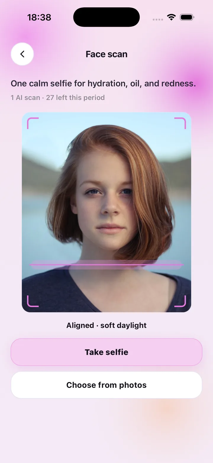 SkinCare AI face scan screen with framing guides, "one calm selfie for hydration, oil, and redness" and Take selfie button