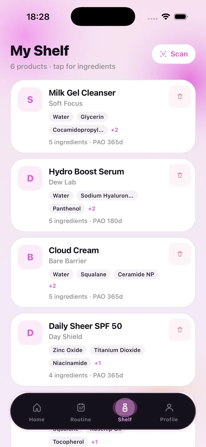 SkinCare AI My Shelf screen listing scanned products with ingredient tags and period-after-opening days